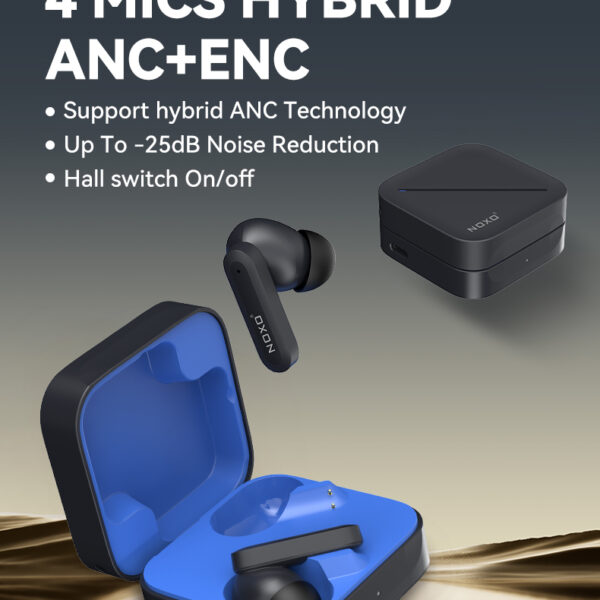 ANC + ENC True Wireless Earbuds (4mics) - Bluetooth Ver-5.4 (Black+Blue/White+Orange)